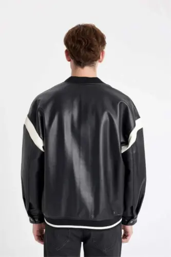 Regular Fit Kollej Yoqali Bomber Fermuarli Kurtka Qora - 10
