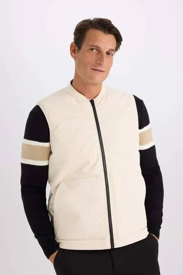 Regular Fit Kollej Yoqali Fermuarli Ikki Cho'ntakli Mavsumiy Yengil Yupqa Bomber Shishgan Yelek Tosh - 1