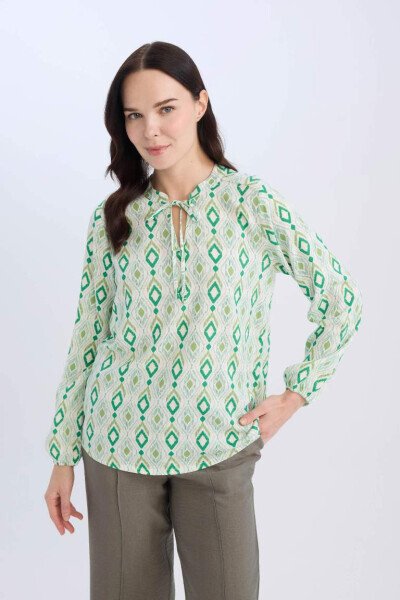 Regular Fit Lace-up Collar Patterned Long Sleeve Blouse - Light Green - DEFACTO