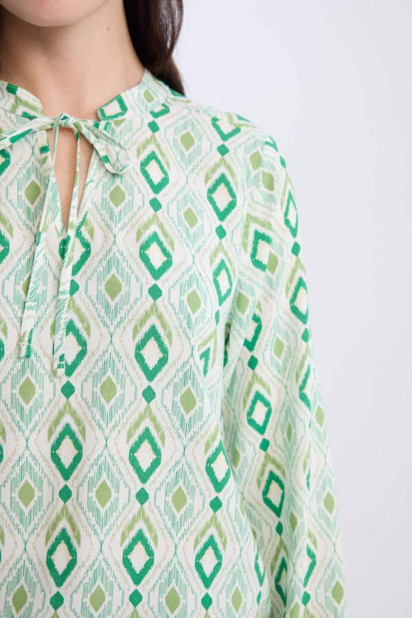 Regular Fit Lace-up Collar Patterned Long Sleeve Blouse - Light Green - 4