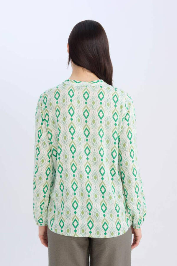 Regular Fit Lace-up Collar Patterned Long Sleeve Blouse - Light Green - 5