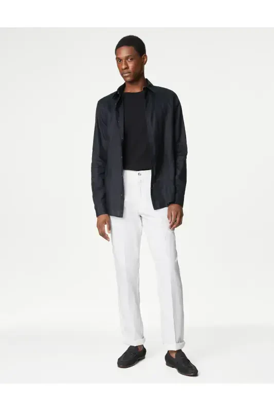 Regular Fit Linen Chino Trousers-White - 4