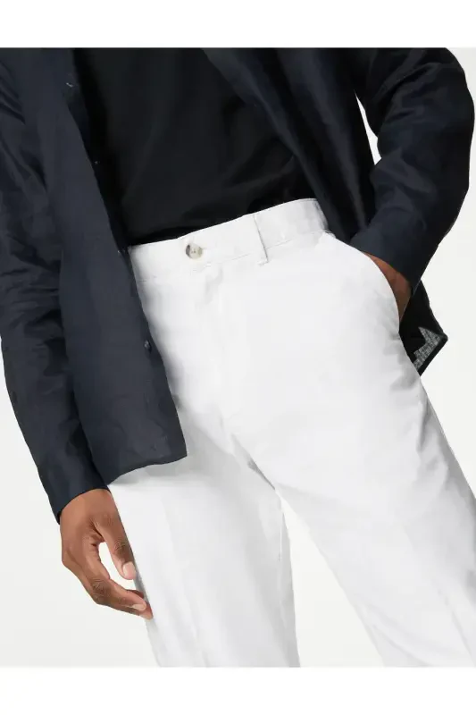 Regular Fit Linen Chino Trousers-White - 5
