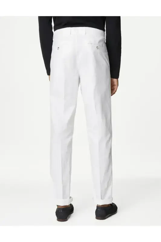 Regular Fit Linen Chino Trousers-White - 6