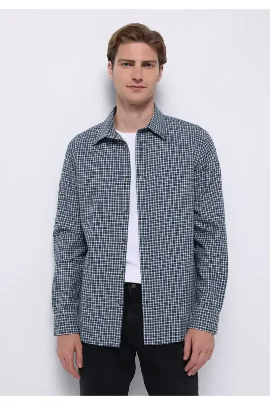 Regular Fit Long Sleeve Plaid Navy Blue Men's Shirt - 1