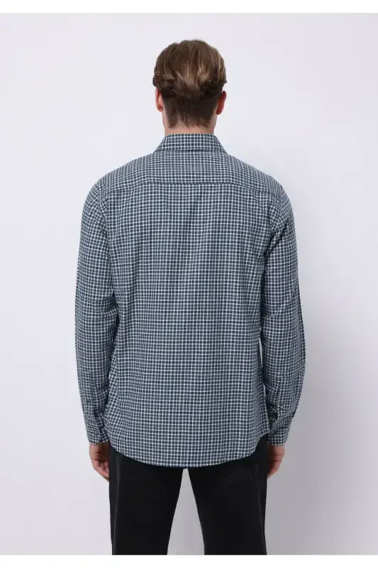 Regular Fit Long Sleeve Plaid Navy Blue Men's Shirt - 2