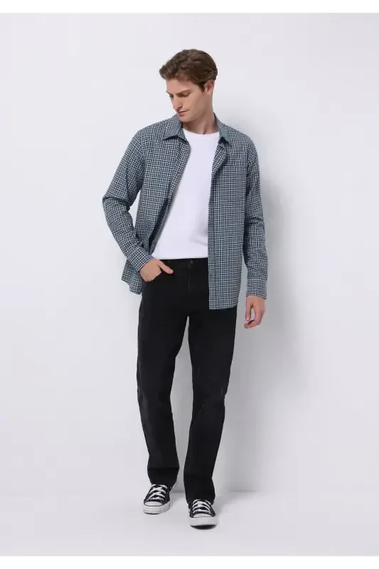 Regular Fit Long Sleeve Plaid Navy Blue Men's Shirt - 3