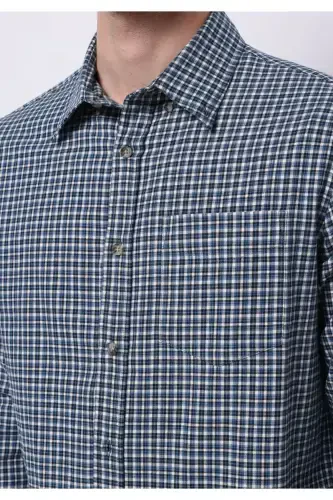 Regular Fit Long Sleeve Plaid Navy Blue Men's Shirt - 4