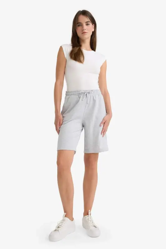 Regular Fit Normal Bel Düz Paça İnce Bermuda Şort-Gri Melanj - 4