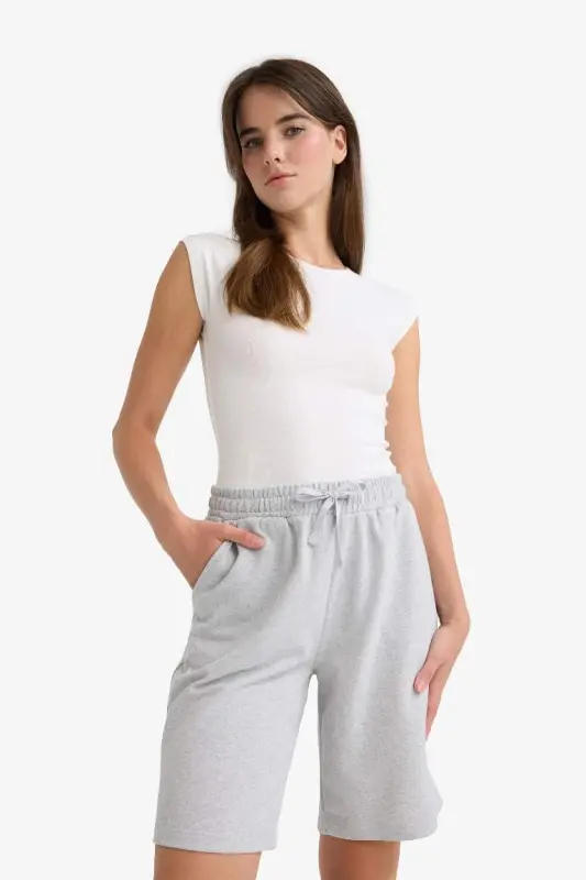 Regular Fit Normal Bel Düz Paça İnce Bermuda Şort-Gri Melanj - 5