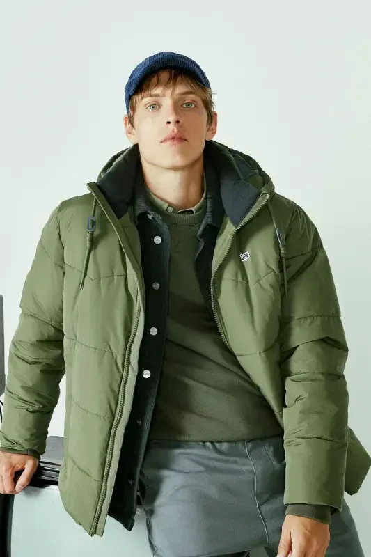 Regular Fit Normal Cut Hooded Men's Green Puffer Jacket-Olive Grove - 2