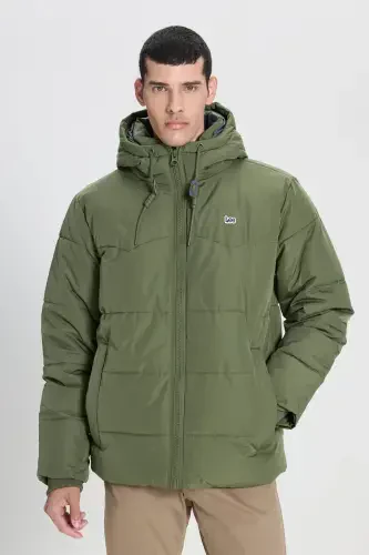 Regular Fit Normal Cut Hooded Men's Green Puffer Jacket-Olive Grove - 3