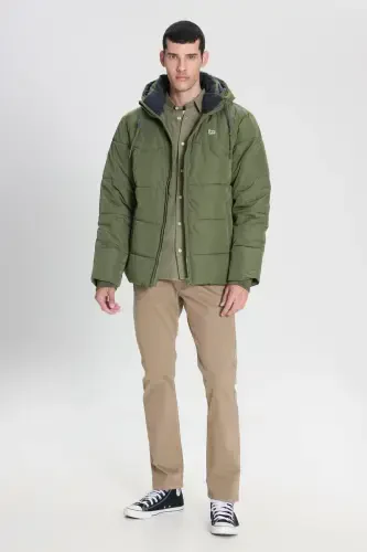 Regular Fit Normal Cut Hooded Men's Green Puffer Jacket-Olive Grove - 4