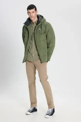 Regular Fit Normal Cut Hooded Men's Green Puffer Jacket-Olive Grove - 5