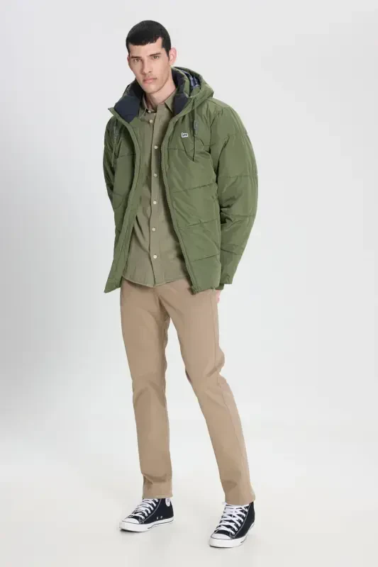 Regular Fit Normal Cut Hooded Men's Green Puffer Jacket-Olive Grove - 5