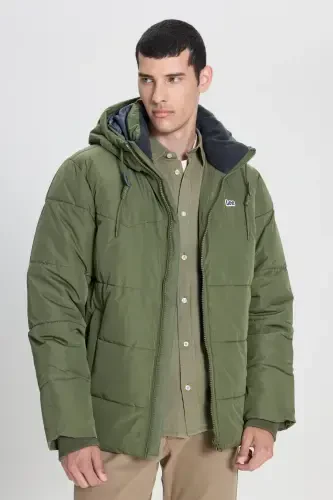 Regular Fit Normal Cut Hooded Men's Green Puffer Jacket-Olive Grove - 6