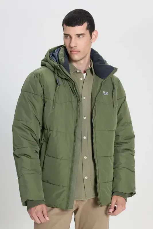 Regular Fit Normal Cut Hooded Men's Green Puffer Jacket-Olive Grove - 6