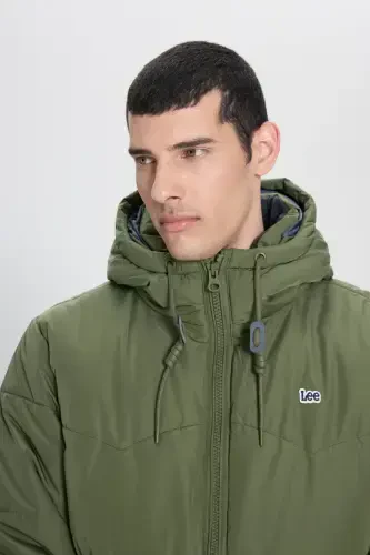 Regular Fit Normal Cut Hooded Men's Green Puffer Jacket-Olive Grove - 7
