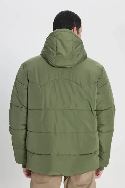 Regular Fit Normal Cut Hooded Men's Green Puffer Jacket-Olive Grove - 8