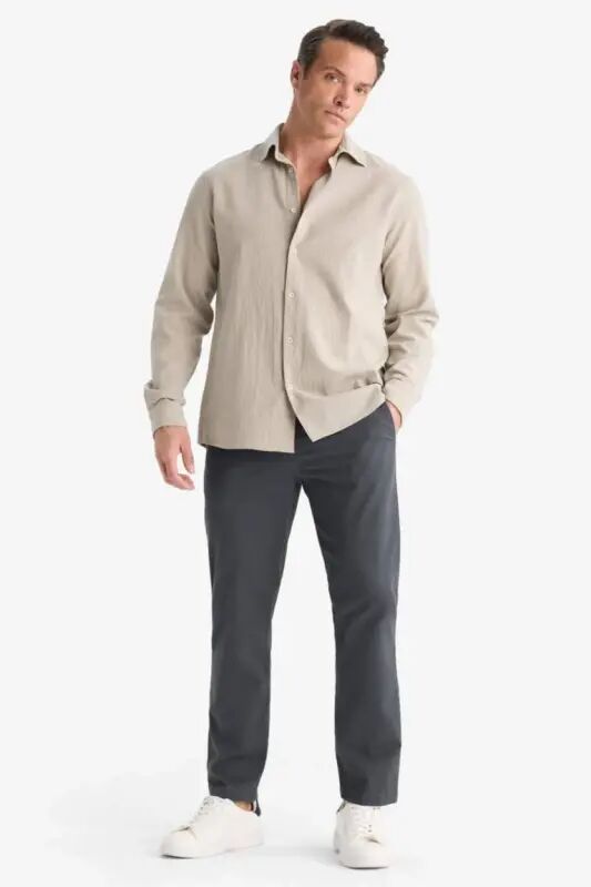 Regular Fit Normal Cut Straight Leg Chino Pants-Anthracite - 3