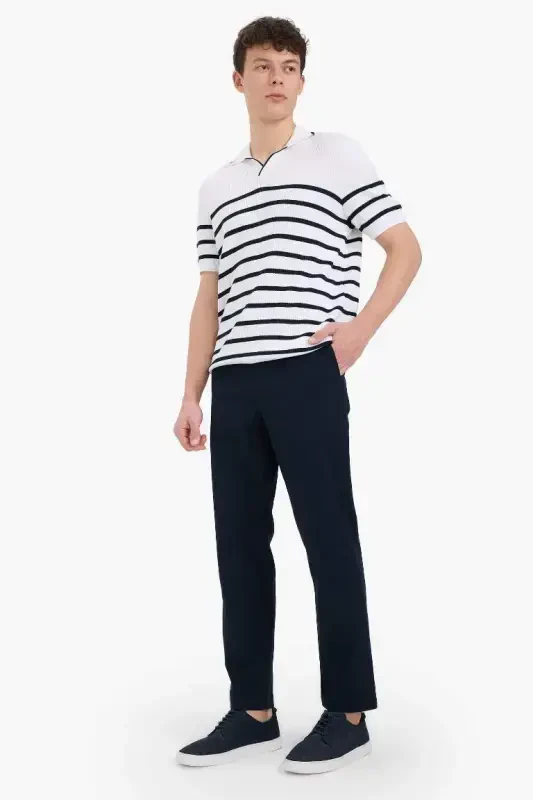 Regular Fit Normal Cut Straight Leg Chino Pants-Navy Blue - 2