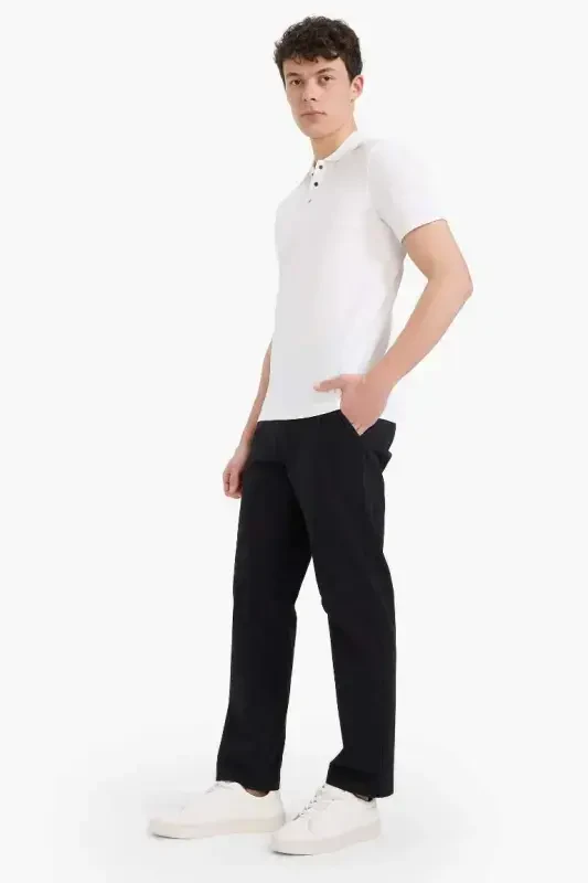 Regular Fit Normal Cut Summer Straight Leg Chino Canvas Pants-Black - 2