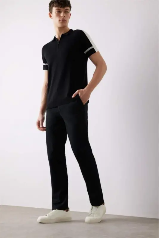 Regular Fit Normal Cut Summer Straight Leg Chino Canvas Pants-Black - 1
