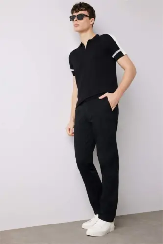 Regular Fit Normal Cut Summer Straight Leg Chino Canvas Pants-Black - 2