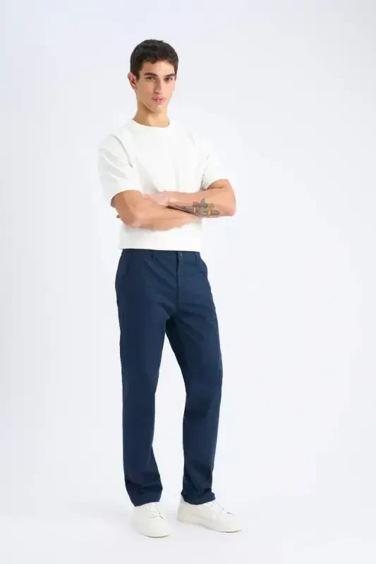 Regular Fit Normal Cut Summer Straight Leg Chino Canvas Trousers Navy Blue - 7