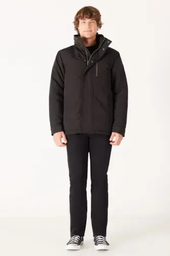 Regular Fit Normal Fit Hooded Black Parka-Black - 4