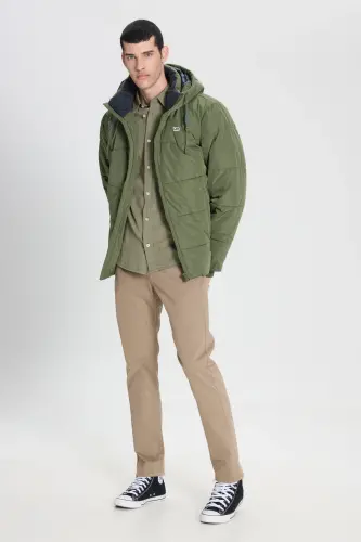 Regular Fit Normal Kesim Kapüşonlu Erkek Yeşil Şişme Mont - Olive Grove-L88BNYA61 - 5