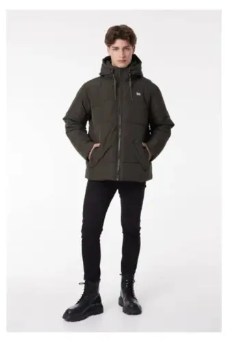 Regular Fit Normal Kesim Kapüşonlu Haki Şişme Mont-Green - 3