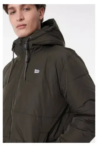 Regular Fit Normal Kesim Kapüşonlu Haki Şişme Mont-Green - 4