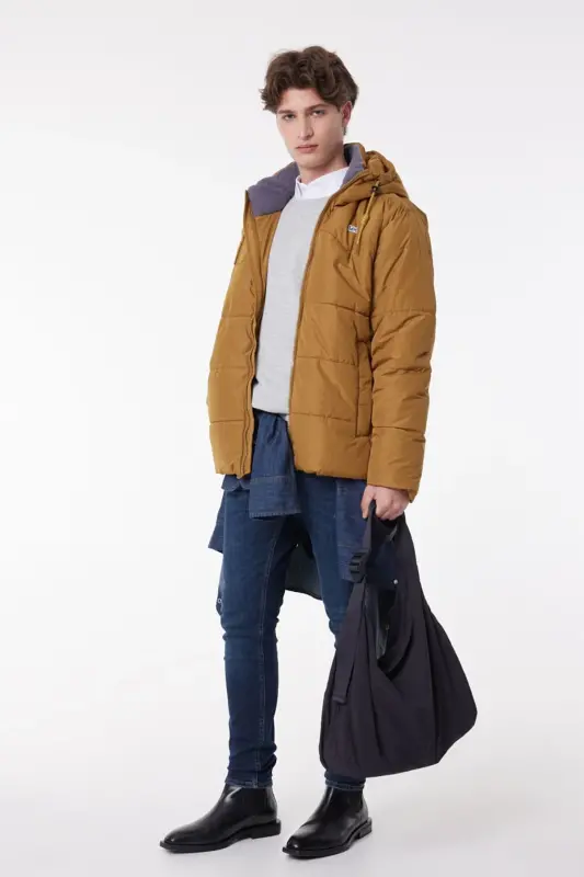 Regular Fit Normal Kesim Kapüşonlu Hardal Şişme Mont-Mustard - LEE