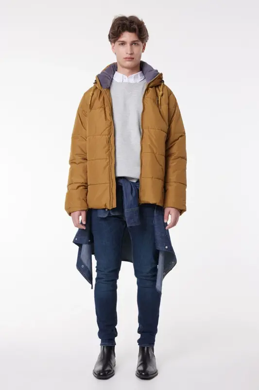 Regular Fit Normal Kesim Kapüşonlu Hardal Şişme Mont-Mustard - 2