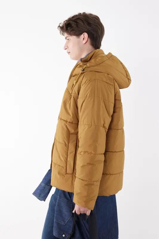 Regular Fit Normal Kesim Kapüşonlu Hardal Şişme Mont-Mustard - 3