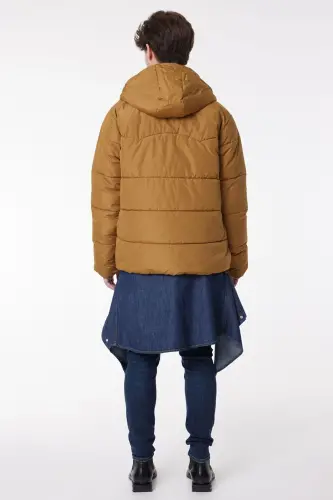 Regular Fit Normal Kesim Kapüşonlu Hardal Şişme Mont-Mustard - 5