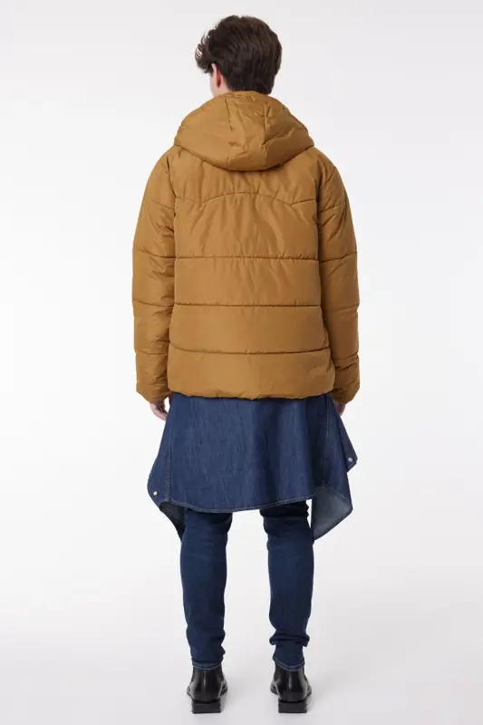 Regular Fit Normal Kesim Kapüşonlu Hardal Şişme Mont-Mustard - 5