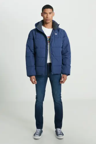 Regular Fit Normal Kesim Kapüşonlu Lacivert Şişme Mont-Navy - 3