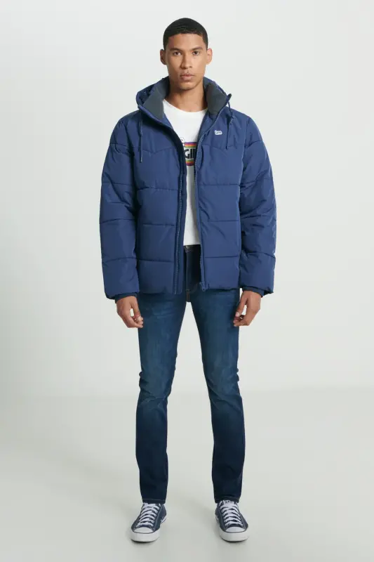 Regular Fit Normal Kesim Kapüşonlu Lacivert Şişme Mont-Navy - 3