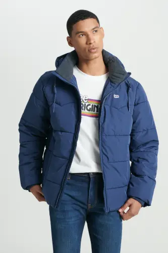 Regular Fit Normal Kesim Kapüşonlu Lacivert Şişme Mont-Navy - 5