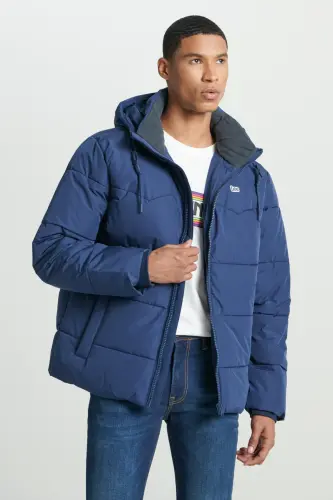 Regular Fit Normal Kesim Kapüşonlu Lacivert Şişme Mont-Navy - 7
