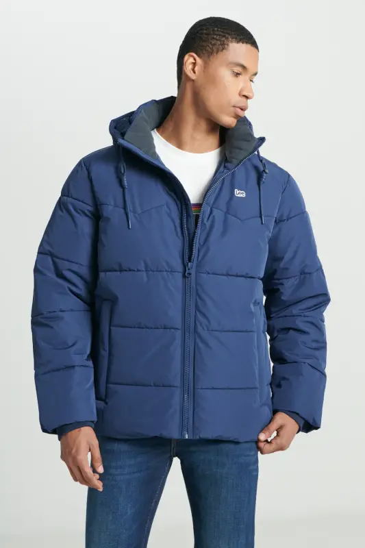 Regular Fit Normal Kesim Kapüşonlu Lacivert Şişme Mont-Navy - 1
