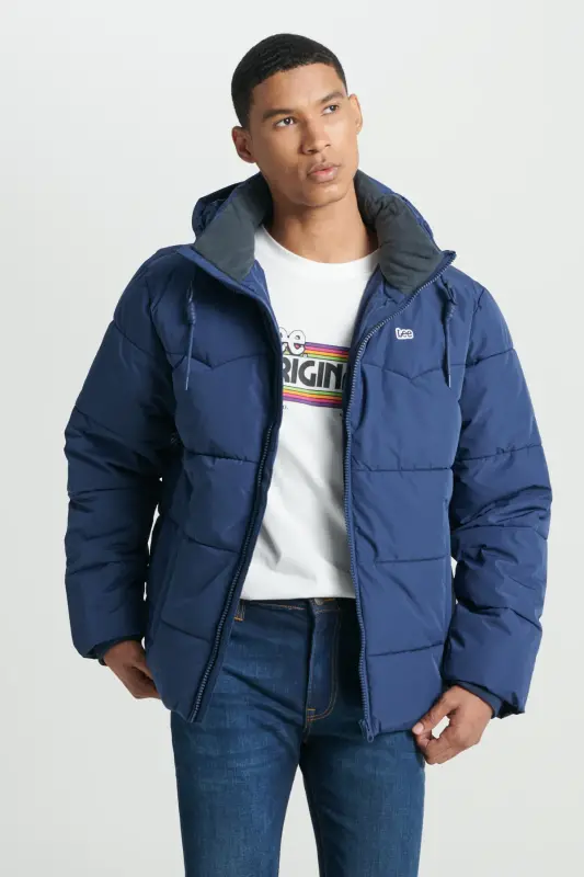 Regular Fit Normal Kesim Kapüşonlu Lacivert Şişme Mont-Navy - 5