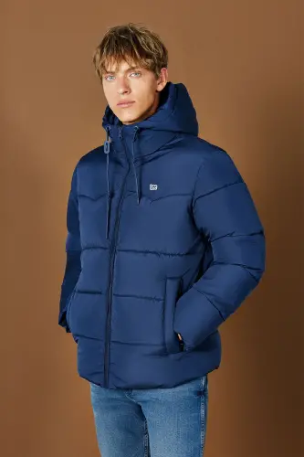 Regular Fit Normal Kesim Kapüşonlu Lacivert Şişme Mont-Navy - 6
