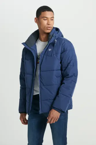 Regular Fit Normal Kesim Kapüşonlu Lacivert Şişme Mont-Navy - 8