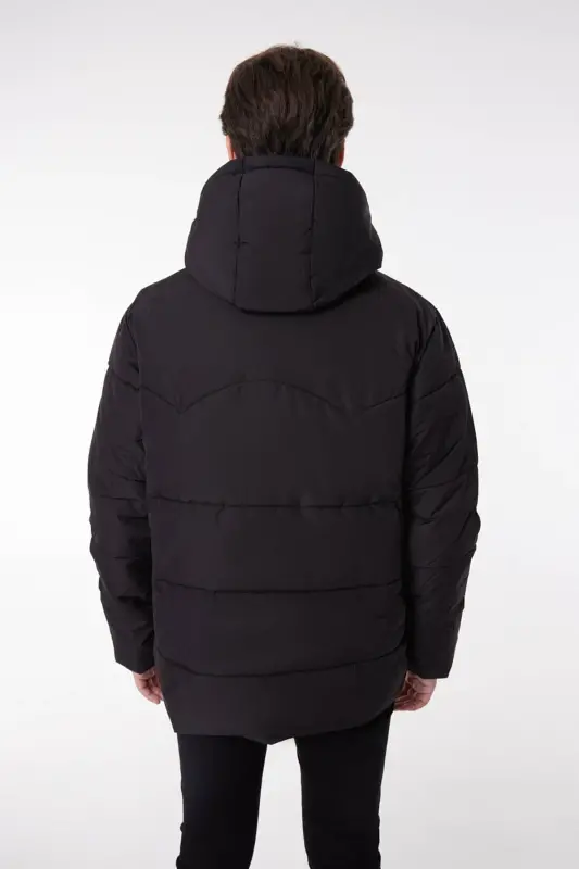 Regular Fit Normal Kesim Kapüşonlu Siyah Şişme Mont - Black-L88BNY01 - 4