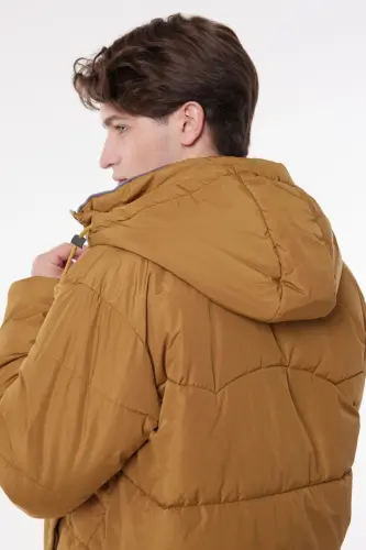 Regular Fit Нормальный Крой Капюшон Горчичный Пуховик-Горчица - 4
