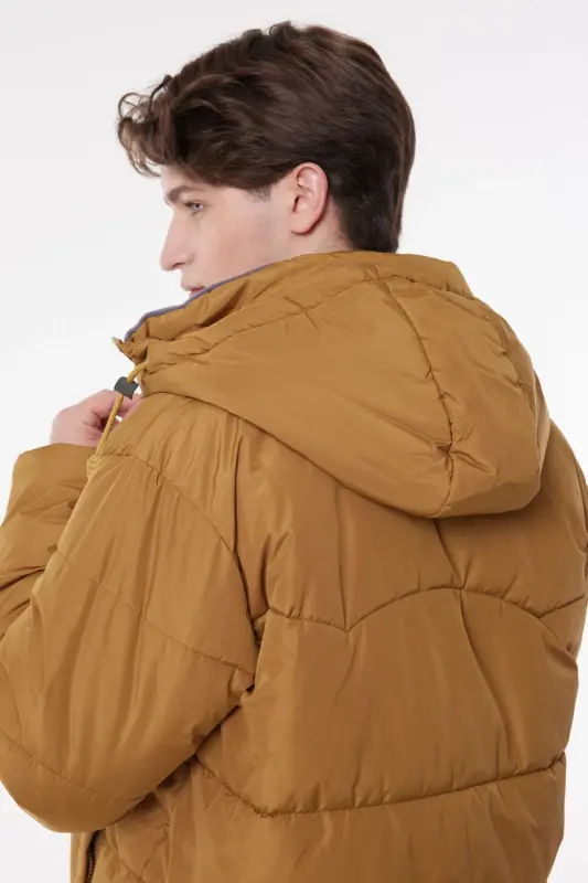 Regular Fit Нормальный Крой Капюшон Горчичный Пуховик-Горчица - 4