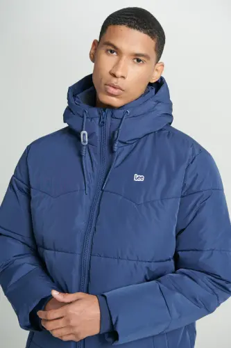 Regular Fit Нормальный Крой Капюшон Синий Пуховик-Navy - 4